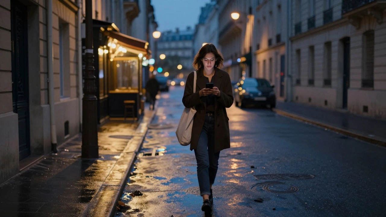 A woman walking home alone at night in a quiet Paris street, holding a tote bag.