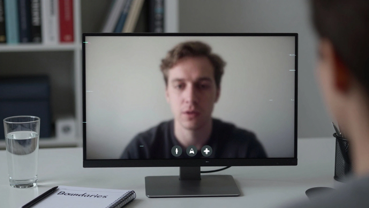 Amelia on a secure video call, screen showing a blurred client, panic button visible on desk.