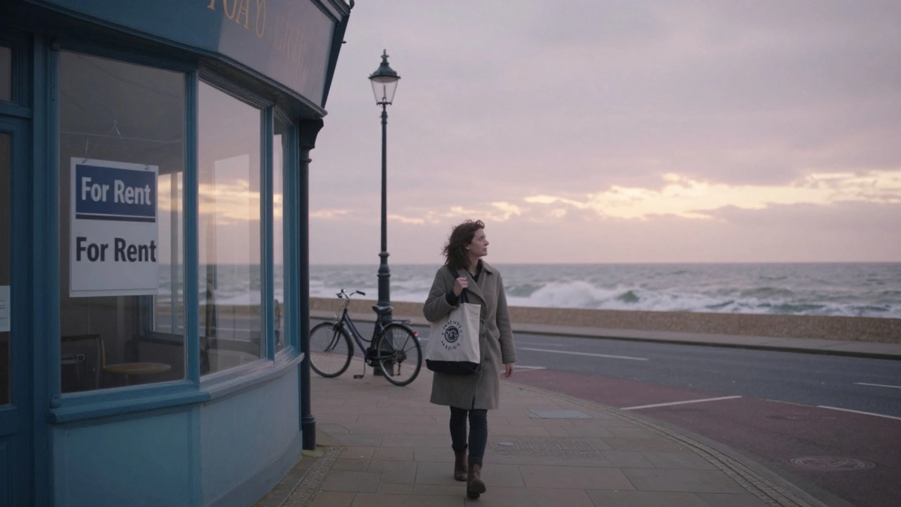 Amelia walking by the seaside in Brighton, looking at a small empty café space for rent.