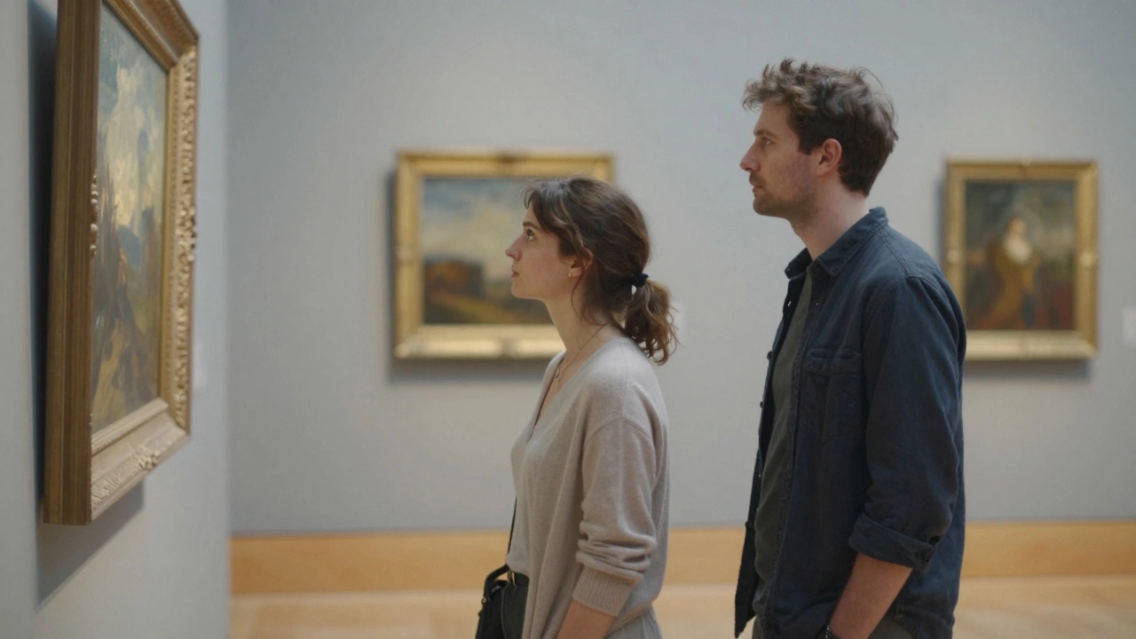 Two people standing side by side in a museum, silently viewing a painting at closing time.